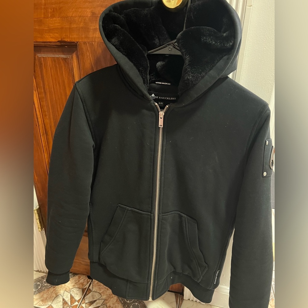 Moose Black Hooded Jacket with Faux Fur  16 for boy small for women